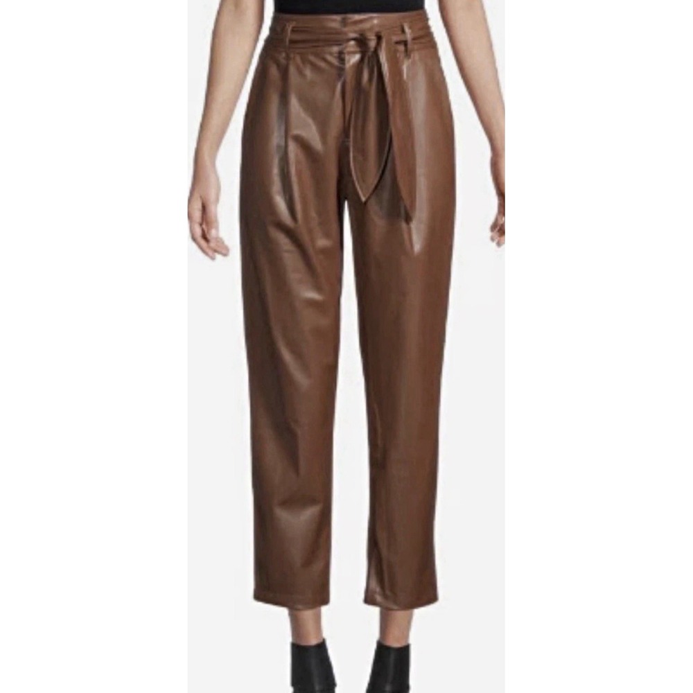David Lerner Brown Faux Leather Paperbag Pleated Belted Tie Zip Pants Size 6